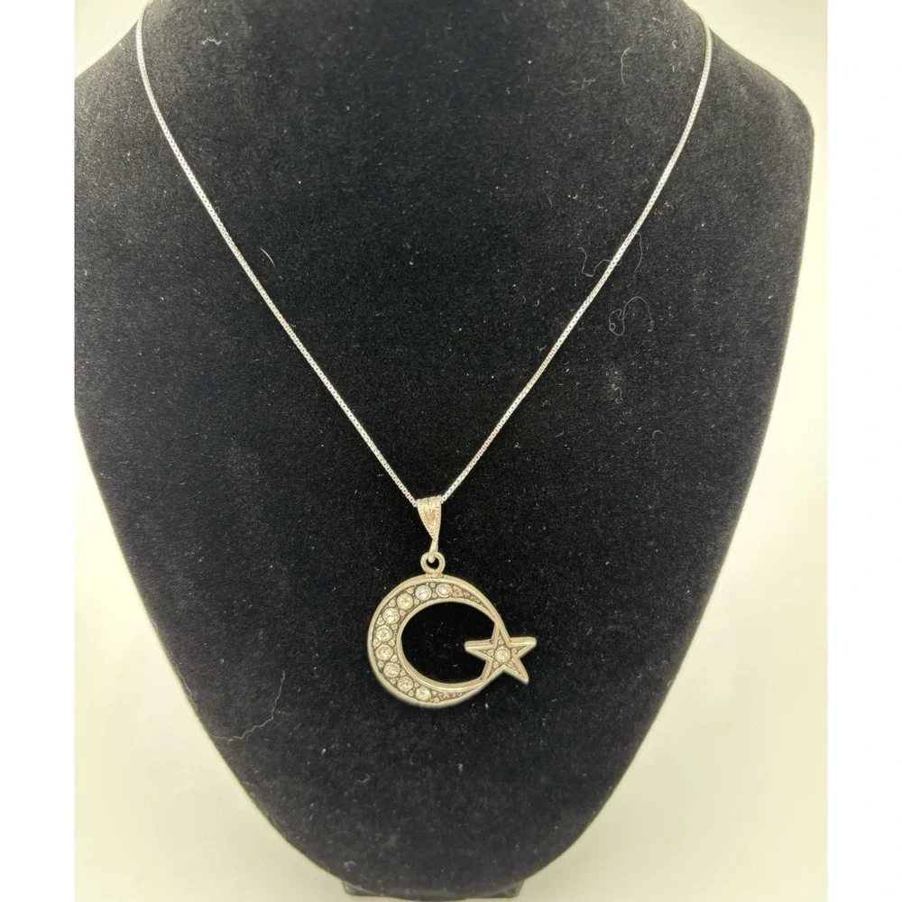925 Sterling Silver Moon Star CZ Pendant Necklace + Layered Charm Chain‎ Set
